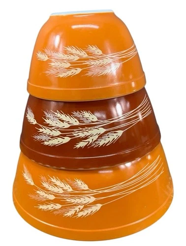 Vintage Pyrex Autumn Harvest Wheat Mixing Bowl Nesting Set Of (3)