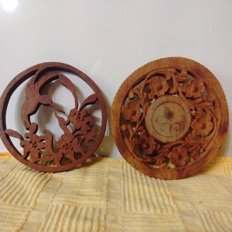 2 Vintage MCM Lattice Teak Wood Trivets Hot Pads Round Floral and Hummingbird 