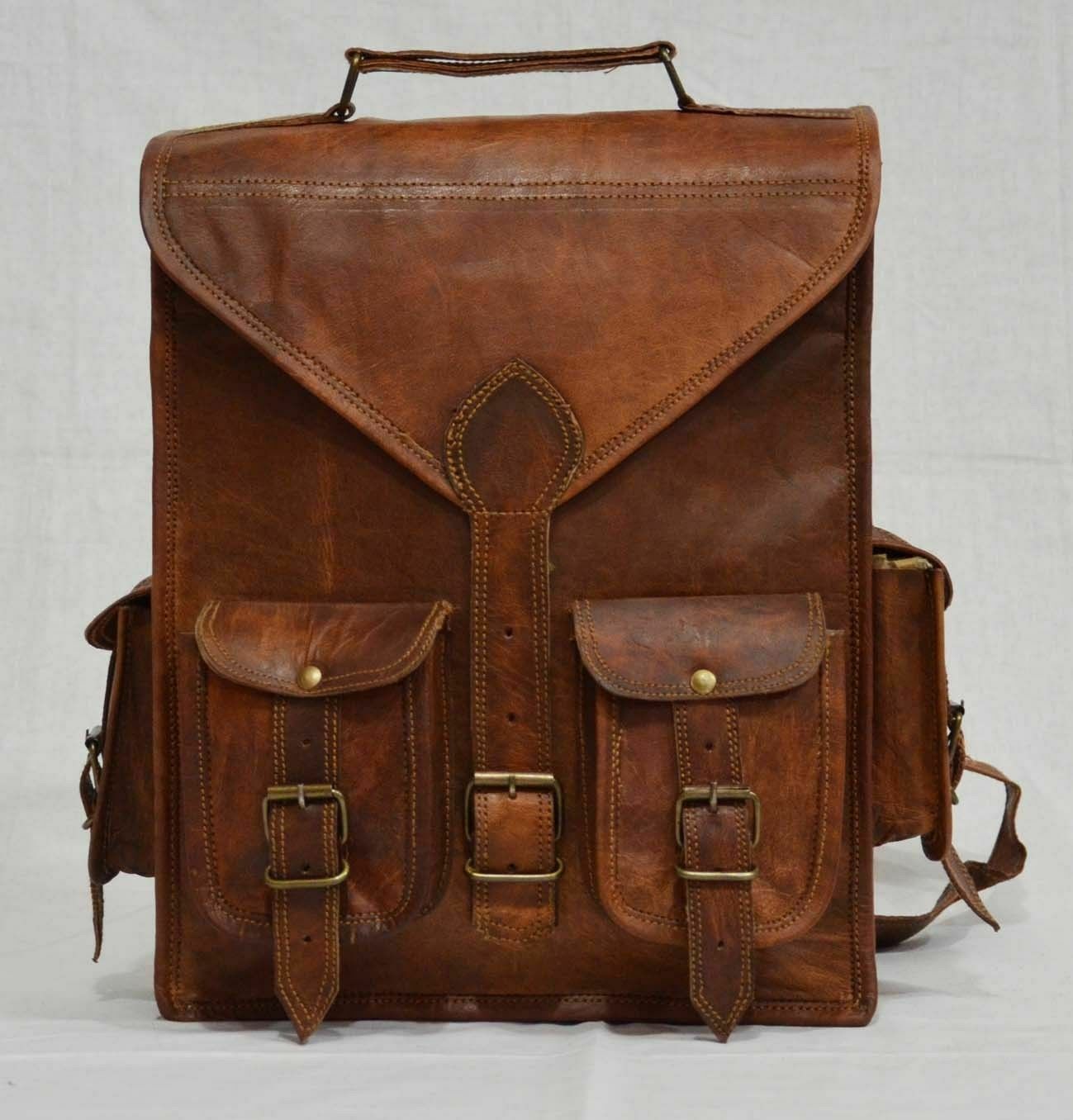 Vintage Brown Genuine Goat Leather Laptop Backpack Rucksack for Men Travel