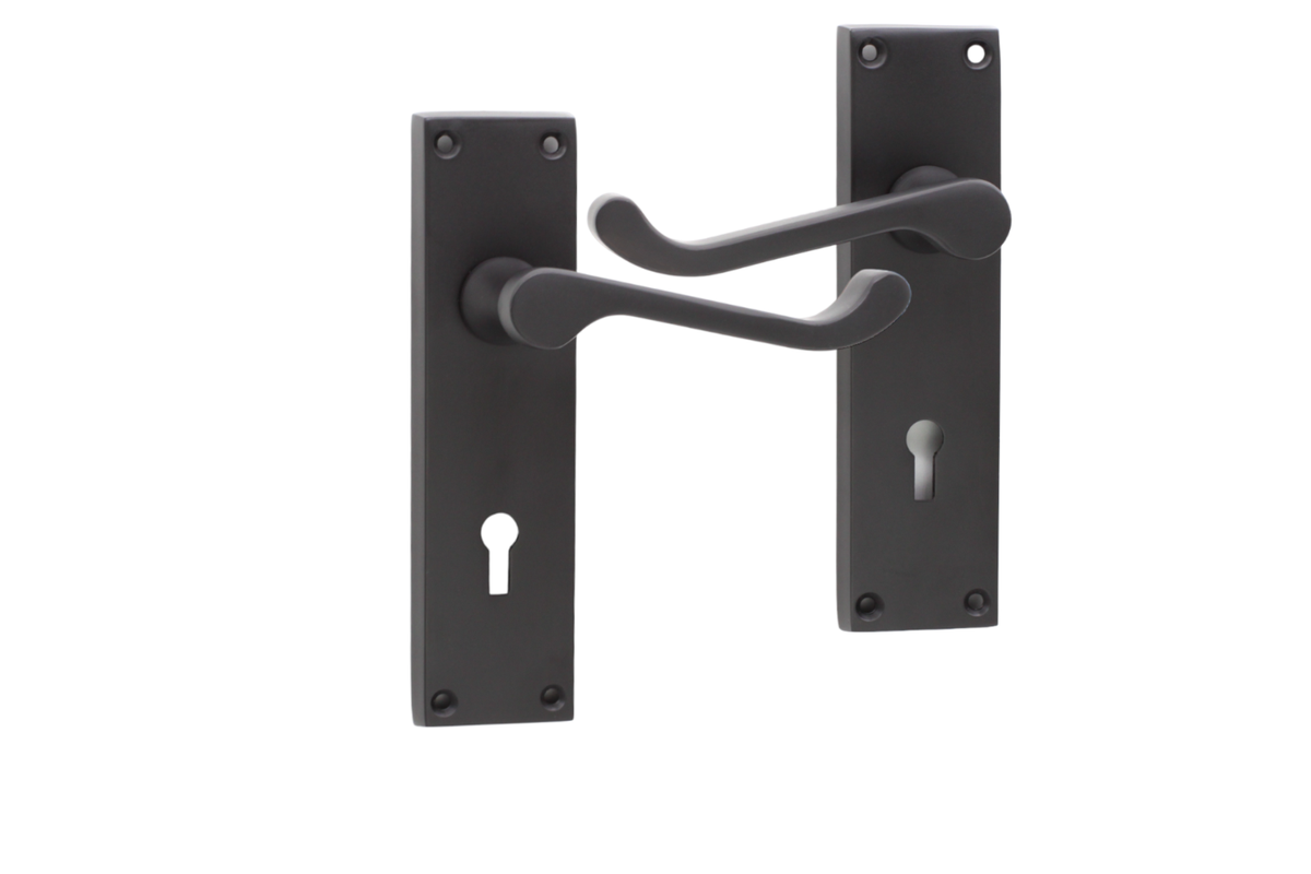 Matt Black Victorian Scroll Door Lever Handles With Shaped Backplate & Hinges - Interior Door Set