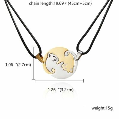 Yin Yang Cat Puzzle Necklace Set - Stainless Steel Matching Couple/BFF Necklaces, Silver & Black, 2.6cm - View #7