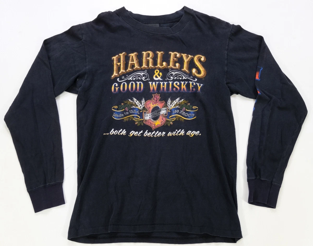 Rare Vintage 3D EMBLEM Harley Davidson & Good Whiskey Long Sleeve T Shirt 80s M