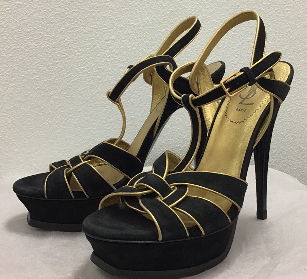 SAINT LAURENT YSL sandalo punta aperta stiletto plateau omaggio bordo oro nero tacco 39
