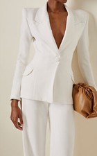 Sergio Hudson $1,100 White Crepe Tuxedo Strong Shoulder Single Breasted Blazer 0