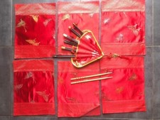 Set de table chinois + baguettes tissu satin rouge papillons - Asie Chine Japon