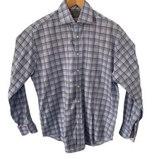 TD Thomas Dean Shirt Mens Sz Large Long Sleeve Plaid Blue Dress Spread Collar
