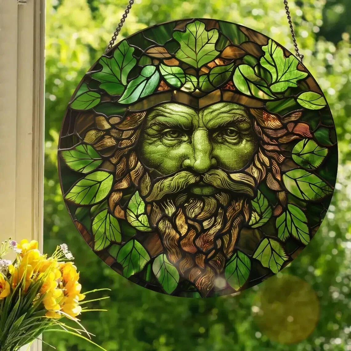 Green Man Stained Glass Suncatcher, Green Man Window Hanging Decor