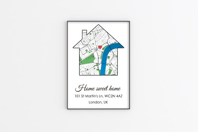 Personalized City Map Print in House Shape   Custom Home Location Marker. Poster