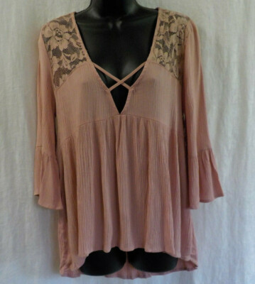 Ambiance Sexy Blouse Size S NWOT Pink High Low Hem Laced Front Lace Back Bell Sl