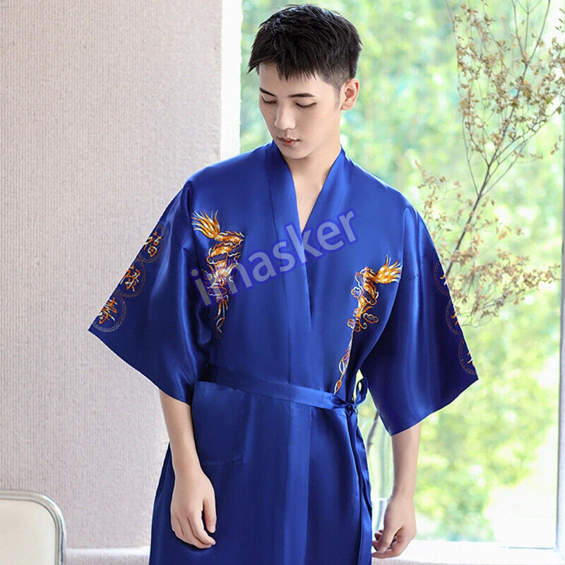 Men Sleep Robe Chinese Silk Nightgown Plus Size M to 2XL eBay