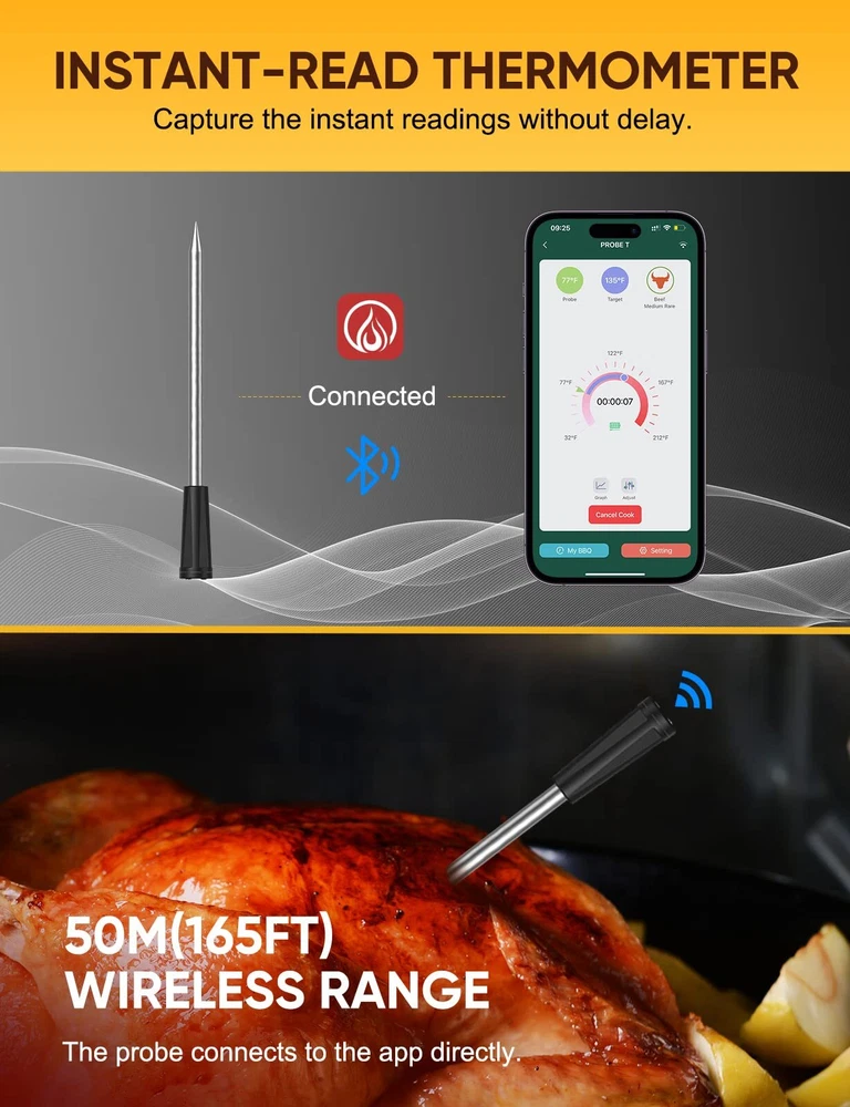Wireless Meat Thermometer, Food Thermometer with 165ft Range, Smart APP Contr...
