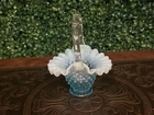 Vintage Fenton Blue Opalescent Hobnail Basket w/ Bamboo Clear Glass Handle