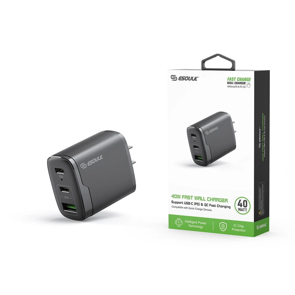 Cargador de viaje rápido de pared Esoulk 40 W adaptador PD/QC USB-C para iPhone y Android Foto 2 de 4