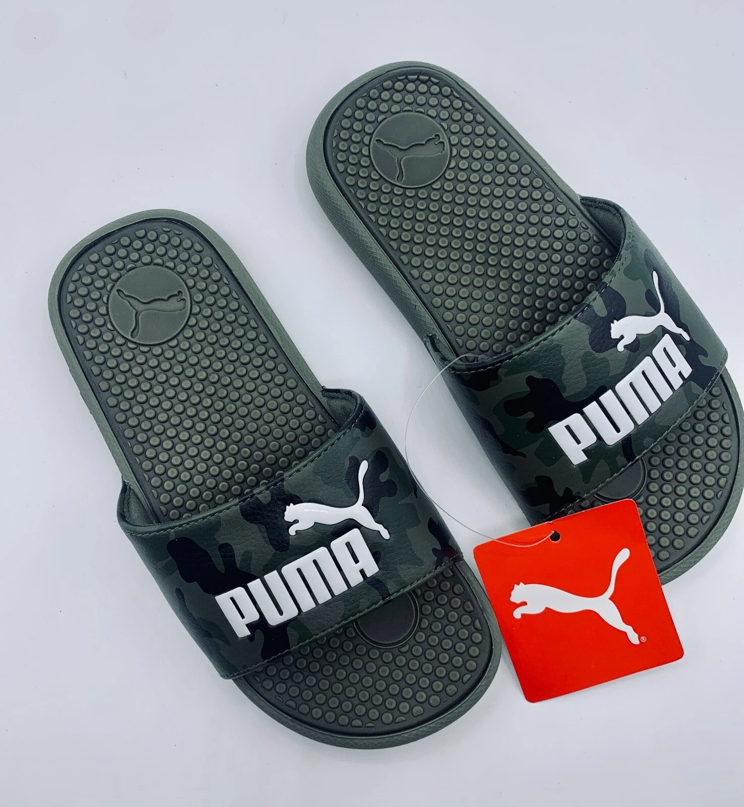 Sandali Puma Kids Cool Cat Mimetici BX PS Slides verde oliva scuro bianco taglia 2C nuovi con etichette