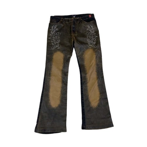 Vintage 90s Y2k "Desigual" Leather Distressed Floral Patterned Denim Flared High