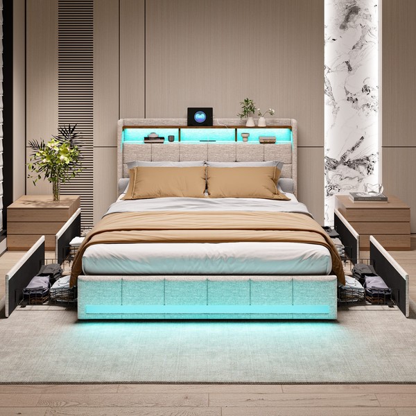 Polsterbett Doppelbett 160X200 Cm Mit 4 Stauraum Schubladen Led Licht Usb-Port-image
