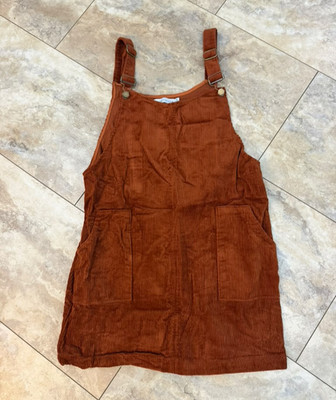 Women's Medium Paper Crane Rust Orange Corduroy Overall Mini Dress with Pockets