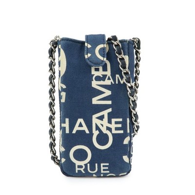 CHANEL By Sea Canvas Cell Phone Chain Shoulder Bag Navy Authentic Used F/S