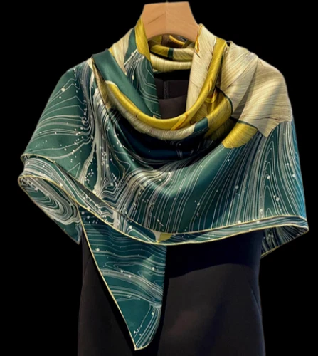 100% Silk 41" large Square Scarf Women Wrap neckerchief floral yellow green HD90