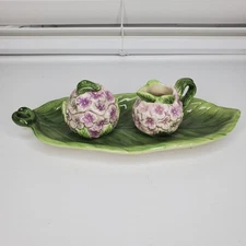 Purple Hydrangea Creamer Sugar Set With Leaf Base Ceramic Vintage 