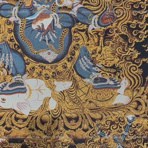 Mahakala Thangka tibetano nero oro Nepal ricamo a mano 24x36" - Foto 5 di 6