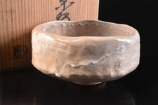 K8943: Japanese Raku-ware glay glaze TEA BOWL Green tea tool w/signed box