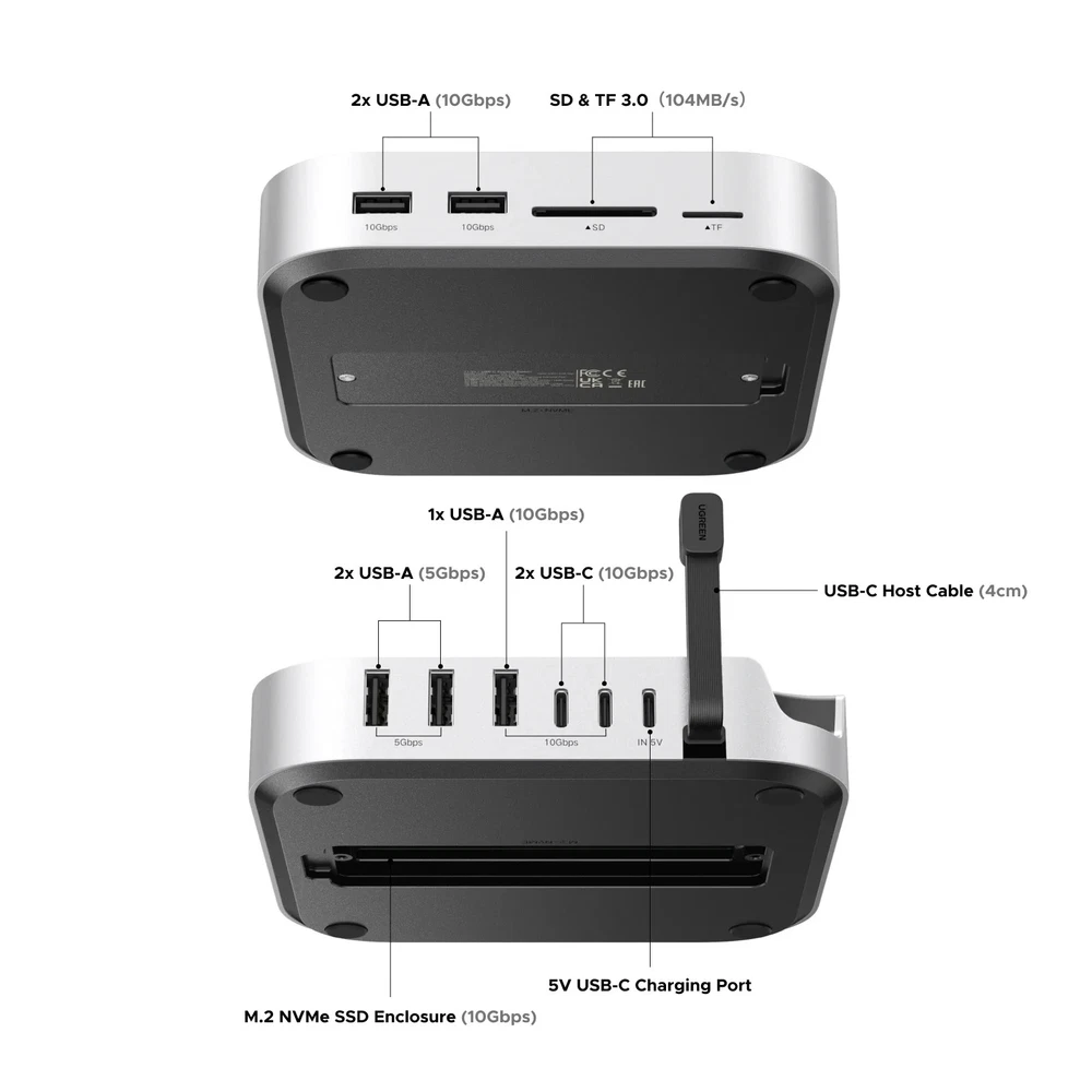 USB Hub Dock for Mac Mini M4/M4 Pro NVMe SSD 10Gbps SD TF