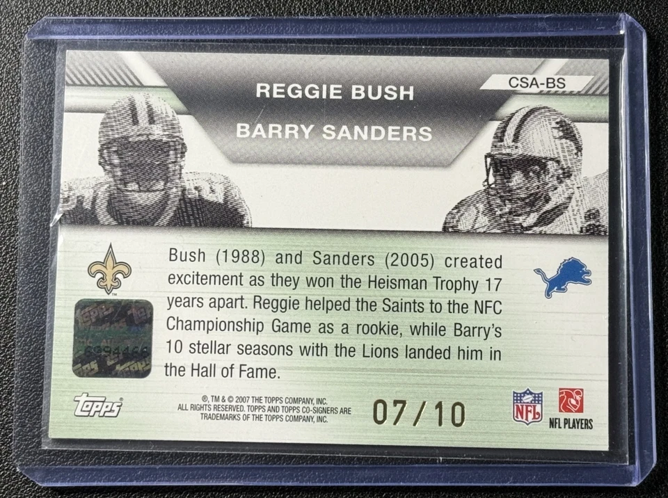 REGGIE BUSH BARRY SANDERS 2007 TOPPS CO-SIGNERS DUAL AUTO HOLO SILVER 7/10 - Image 2 of 2