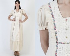Vtg 70s Prairie Dress Cream Puff Sleeve Lace Cottage Peasant Long Festival Gown