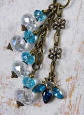 Bee Purse Charm Bag Clip Light Blue Clear Daisy Antique Brass Handmade New