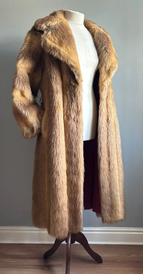 Vintage FAUX FUR COAT 10 Maxi long trench duster lush diva theatre 1960s — 第 2/4 张图片