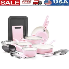 18-Piece Soft Grip Toxin-Free Healthy Ceramic Non-Stick Cookware Set Pink Pan
