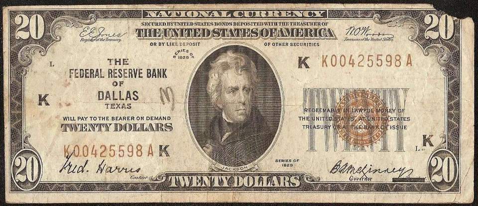 1929 $20 BILL DALLAS BROWN SEAL BANK NOTE MONEY NATIONAL CURRENCY Fr 1870-K - Image 2 of 3