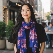 Vintage 90s Y2K Floral Embroidered Lurex Scarf Boho Cottagecore Blue Pink Fairy