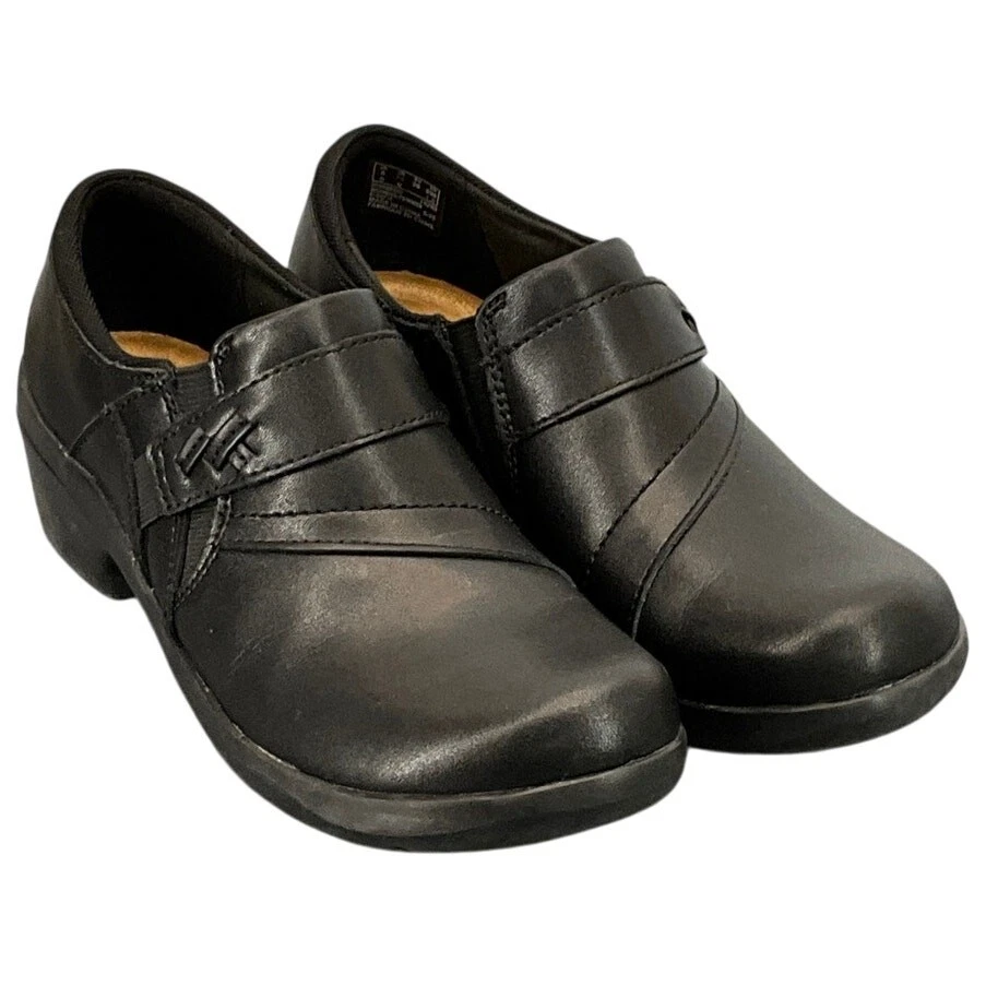 Mocassino Clarks nero in pelle con tacco a blocco comodo zoccoli donna 7 5 38