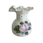 Fenton Art Glass Charleton Roses Ruffled Milk Glass Vase c1940-1959 USA 5.5"