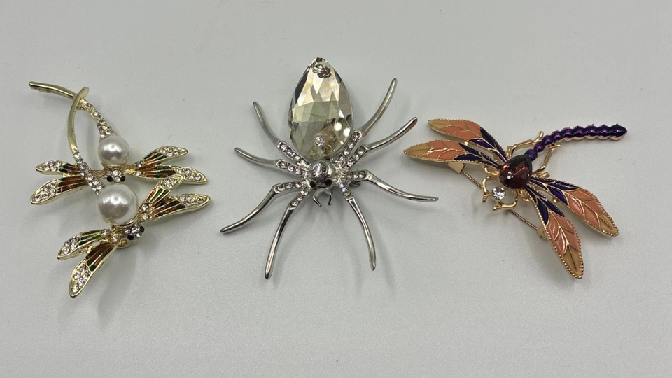 Брошь булавки стразы дракон мухи паук лот из 3 серебряных золотистых насекомых - Изображение 3 из 4