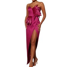 Fashion Nova Jaqueline Asymmetrical Mini Maxi Dress L Raspberry Feather Flaw $79