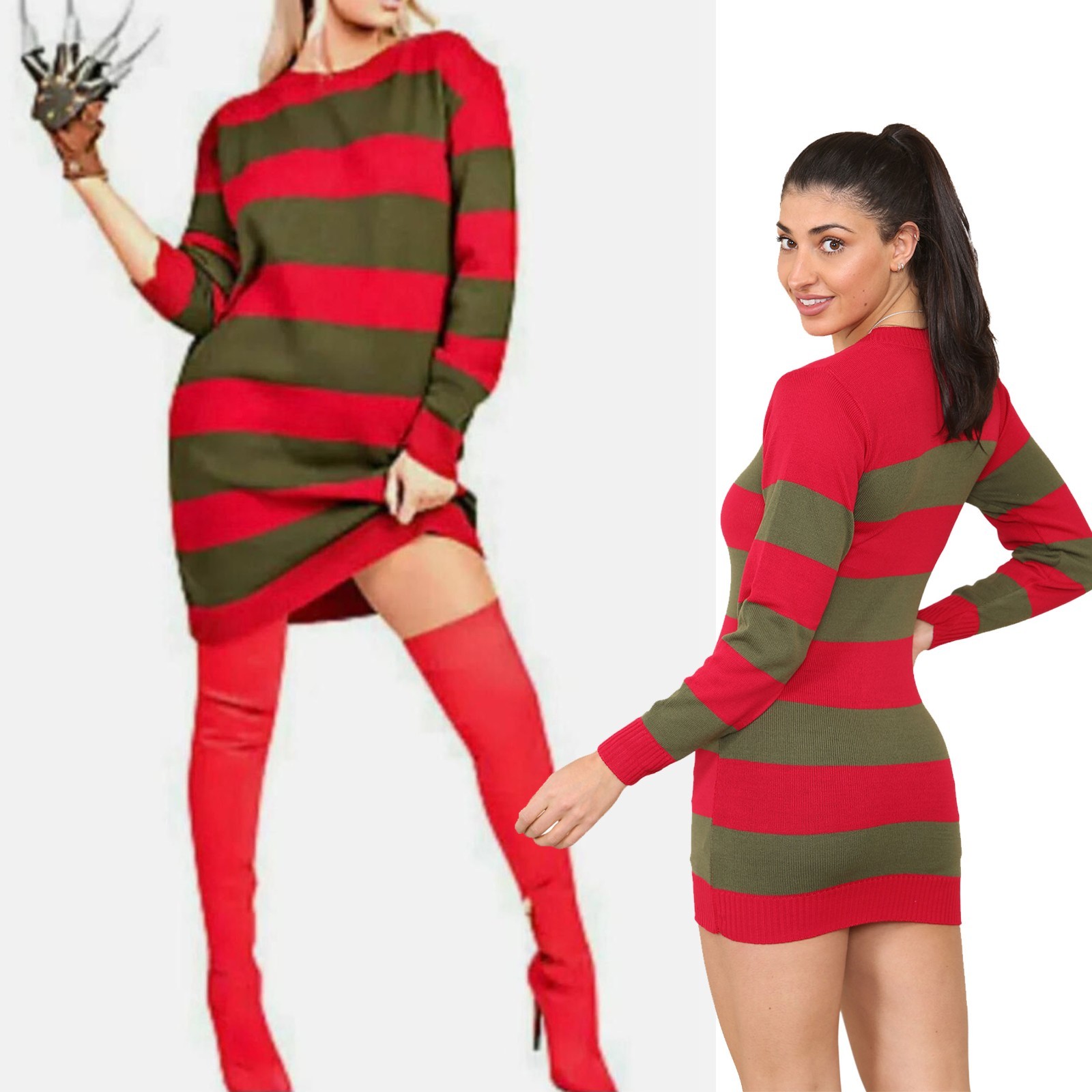 Damas Rojo Verde Horror Freddy Krueger Estilo Halloween Rayas Tejido Vestido Jersey