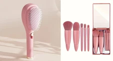 5pcs Mini Makeup Brush Set and 1pc Anti-Static 360 Surrounding Comb Set Pink