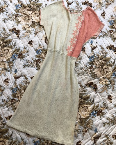 Vintage 1930s 40s Cotton Knit Dress Two Tone Cream