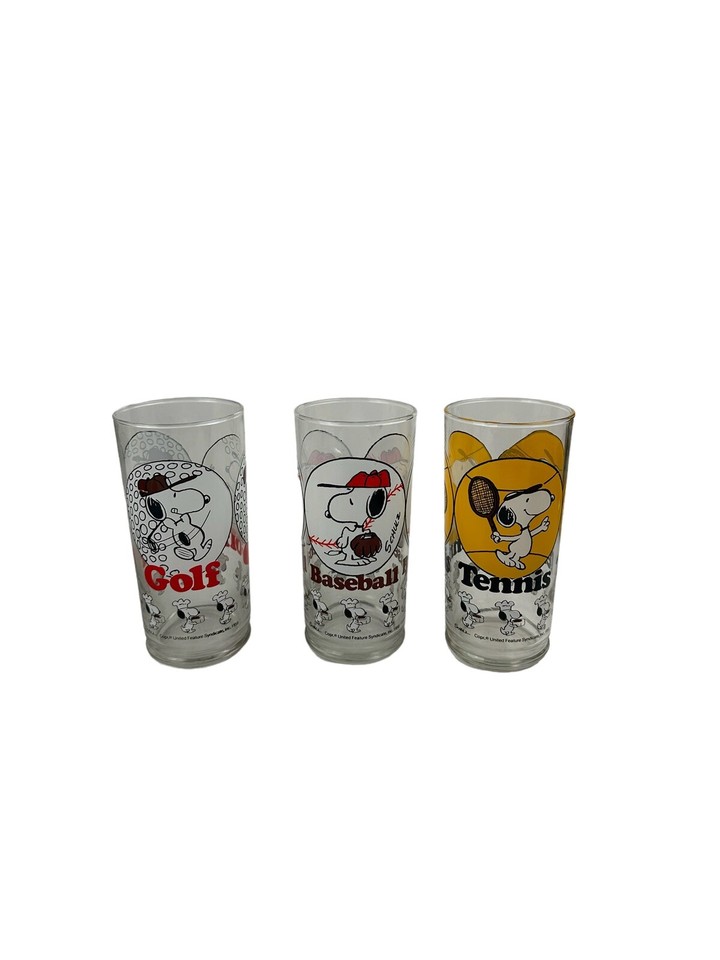 3 Vintage Snoopy Sports Drinking Glasses Tennis Golf & Baseball eBay