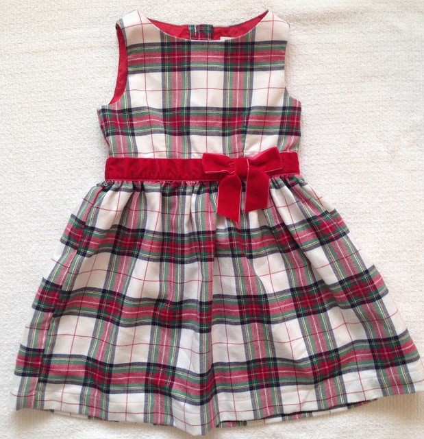 H&M Toddler Girls Christmas Dress Red Green White Plaid Velvet Bow Size