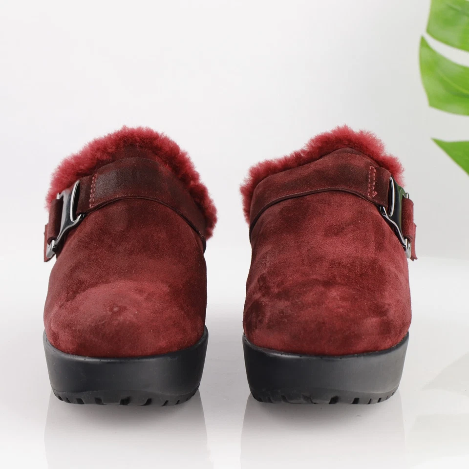 Zueco Via Spiga Mujer Mula Talla 9.5 Borgoña Rojo Gamuza Sherpa Tacón Cuña Y2K Años 90 Foto 2 de 4