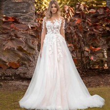 Charming A-line Wedding Dresses O-Neck Lace Applique Half Sleeve Belt BridalGown