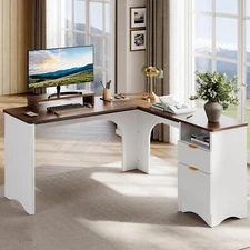 L Shaped Desk with File Drawer, 55.7" x 55" Office Computer Desk with Round C...