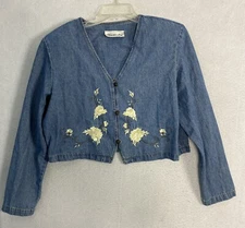 Allison Che VTG Embroidered Crop Jacket Womens Sz 14 USA blue floral Chambray