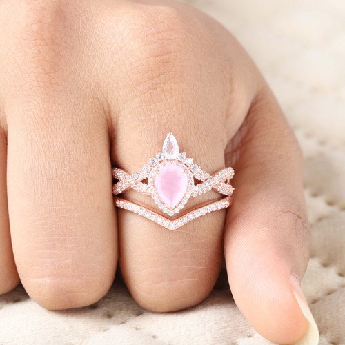 9k Solid Gold 7x5MM Pear Shape Natural Rose Quartz Ring Set Cubic Zirconia Ring - 第 2/10 張圖片