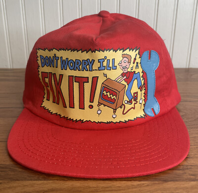 Vintage 80s 90s Don't Worry I'll Fix it Red Funny Hat Cap Snapback Dad Novelty