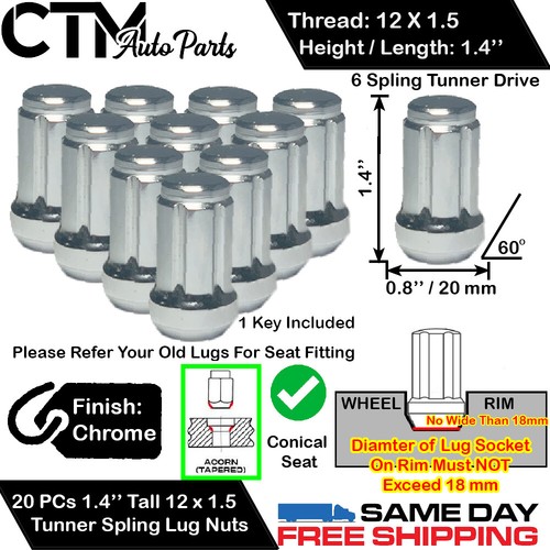 Set Of 20 Chrome Tuner Lug Nuts - 12x1.5 Thread, Spline Drive, Bulge Acorn Style (Fits Honda)